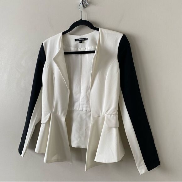 Naven-black & White Colour Block Bardot Peplum Blazer (Size:0) - Picture 5 of 10